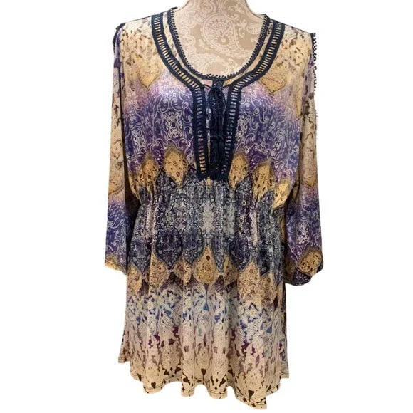 ONE WORLD | Tops | One World Purple Gold Cinched Waist Short Sleeve Tunic  Top Womens Size X | Poshmark